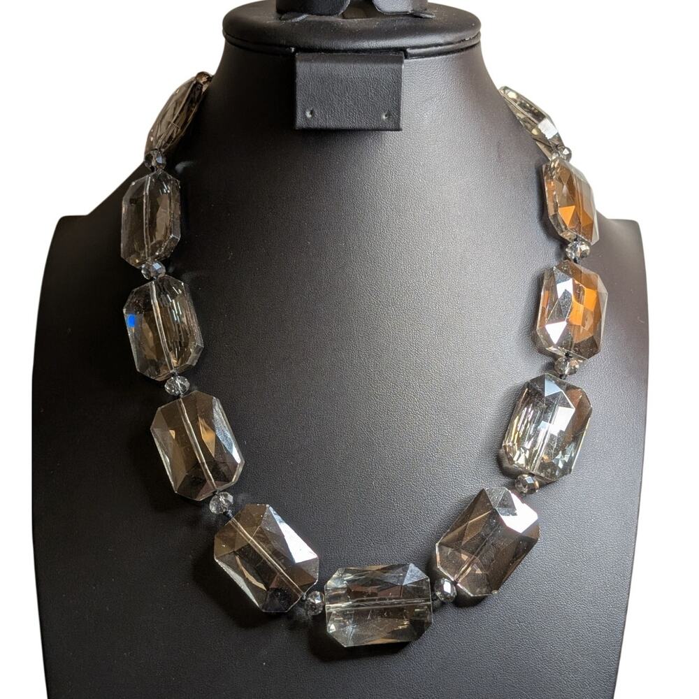 Leslie Danzis Chunky Faceted Smoky Glass Silver Tone Statement Necklace